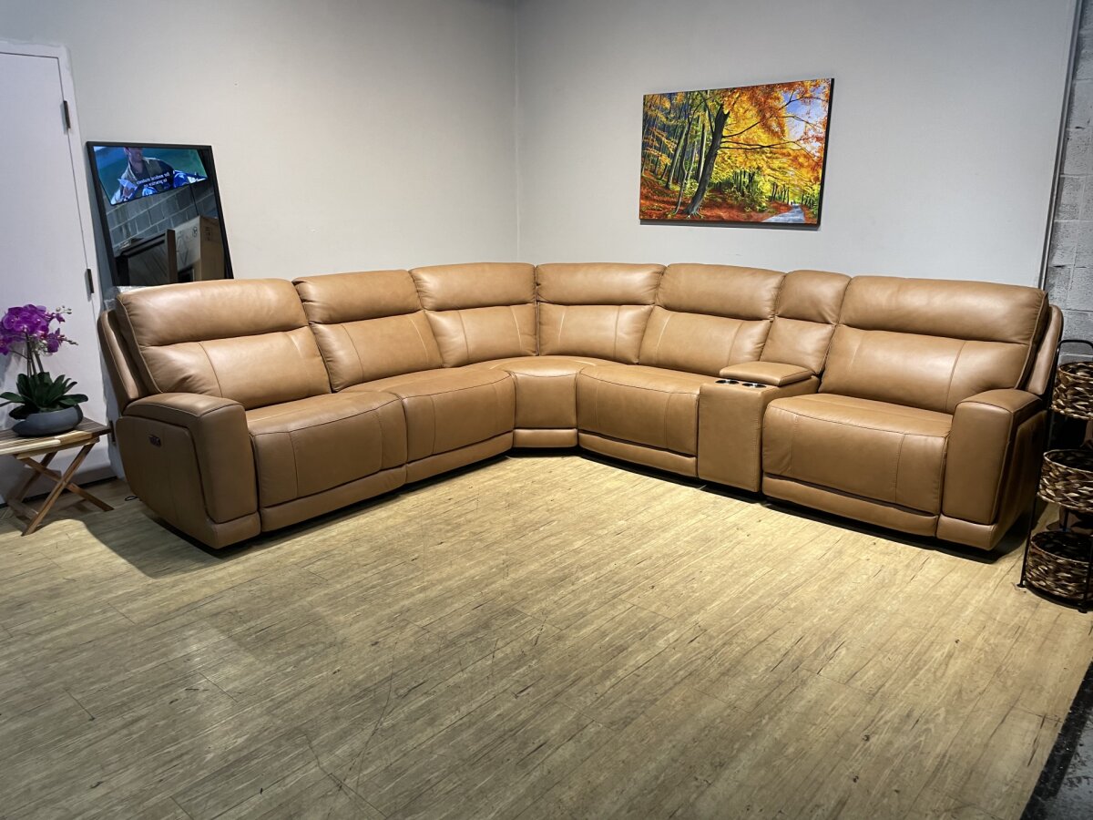 Lauretta 6 Piece Leather Power Reclining Sectional With Power Headrests Camel Brown - Image 2