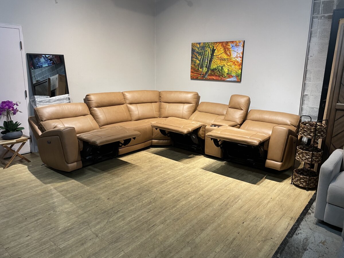 Lauretta 6 Piece Leather Power Reclining Sectional With Power Headrests Camel Brown - Image 3