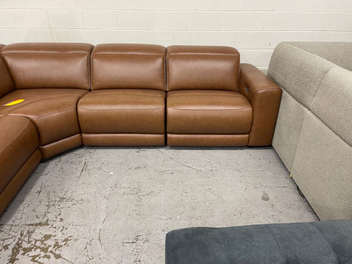 Magic Man Camel Brown Leather Power Reclining Sectional - Image 4